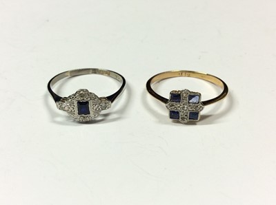 Lot 578 - Art Deco 18ct white gold sapphire and diamond ring and similar 18ct yellow gold ring