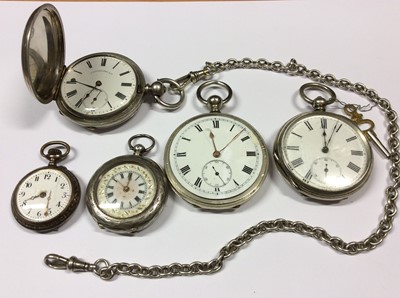 Lot 580 - Silver cased S. Silverstone & Co full hunter pocket watch with silver watch chain, another silver cased pocket watch, silver cased fob watch and two others (5)
