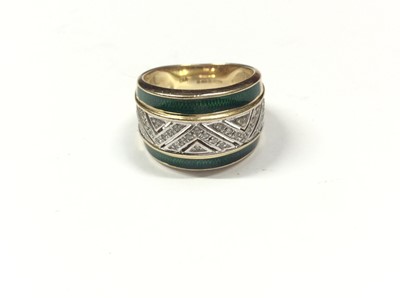 Lot 582 - 9ct gold diamond and green enamel ring