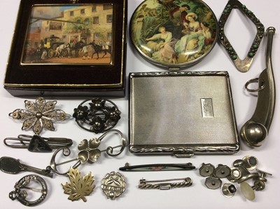 Lot 585 - Group silver and white metal brooches, cigarette case, compact and other bijouterie