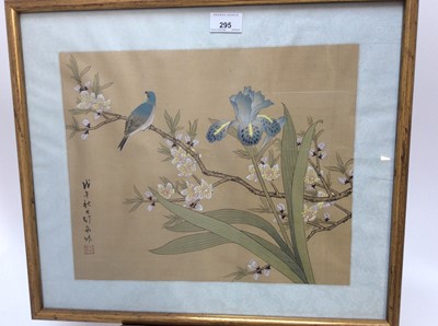 Lot 295 - Group of six Japanese watercolours on silk panels - birds on branches, in glazed gilt frames