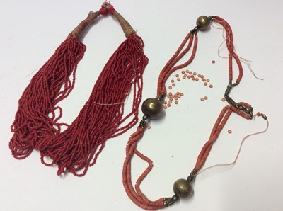 Lot 343 - Two Bondo Tribe micro bead necklaces, other similar style African necklaces and beads