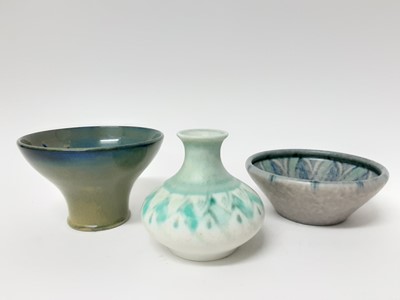 Lot 83 - Three Royal Lancastrian pottery vessels, including two bowls and a vase, various printed and impressed marks, the vase 9.5cm height and the bowls 12.5cm and 13.5cm diameter