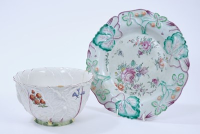 Lot 90 - Chelsea porcelain bowl and dish, c.1750s, the bowl cabbage-leaf moulded, painted around the outside with flowers, fruit and insects, the interior with a grasshopper, butterfly and two purple carrot...