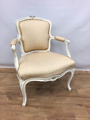 Lot 229 - French style white painted open elbow chair with upholstered seat, back and arms on cabriole legs