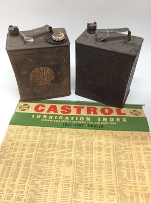 Lot 1232 - Vintage Shell fuel can, together with a Pratts fuel can and a 1960's Castrol Lubrication chart (3)