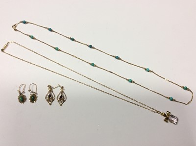 Lot 598 - 9ct gold chain interspaced with turquoise beads, pair 9ct gold mounted turquoise pendant drop earrings, one other pair 9ct gold gem set earrings and gem set pendant on 9ct gold chain