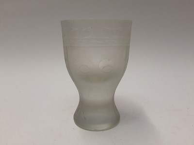 Lot 227 - Good quality unusual studio glass goblet shape vase with acid etched and frosted design depicting the faces of a King and Queen, signed and titled on base, 15.5cm high