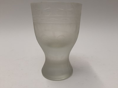Lot 227 - Good quality unusual studio glass goblet shape vase with acid etched and frosted design depicting the faces of a King and Queen, signed and titled on base, 15.5cm high