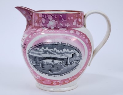 Lot 103 - Sunderland lustre jug, inscribed to the front 'Robert Cammell, Ipswich, Suffolk, 1851', printed with a view of the Cast Iron Bridge on one side, and the Sailors' Farewell on the other, 19cm high