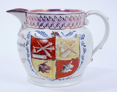 Lot 104 - Sunderland lustre jug, inscribed to the front 'Thomas Woodward 1824', painted in enamels on one side with an armorial crest containing various tools and two cattle, the reverse printed with a lands...