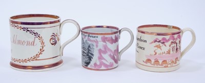 Lot 105 - Three Sunderland lustre mugs with inscriptions including local interest, the first reading 'Elizabeth Chaston Almond - Aldbro', the second 'John Richardson - Wrabness Essex - 1817', the last 'Wm Gr...