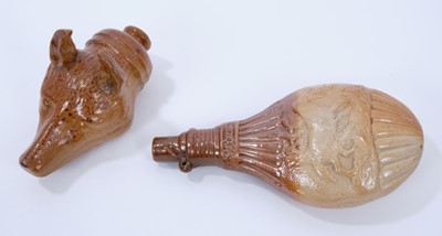 Lot 107 - Salt glazed stirrup flask in the form of a fox's head, c.1850, 14cm long