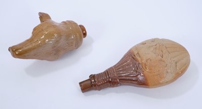 Lot 107 - Salt glazed stirrup flask in the form of a fox's head, c.1850, 14cm long