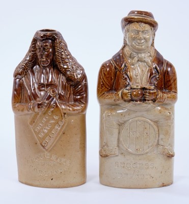Lot 109 - Two mid 19th century salt glazed stoneware Bournes Potteries 'Reform' cordial flasks, in the form of John Bull and Henry Peter Brougham, inscribed titles and marks to reverse, 20cm and 18cm high