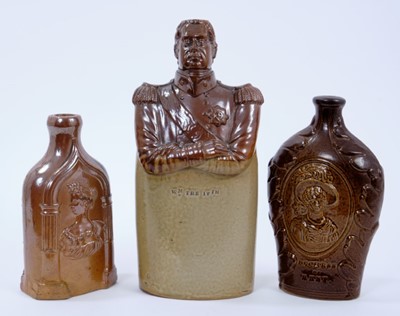 Lot 110 - Three Royal commemorative salt glazed stoneware flasks, the largest representing William IV with impressed title below, and impressed 'Oldfield & Co' to reverse, the second relief decorated with po...
