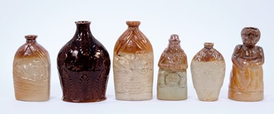 Lot 111 - Collection of salt glazed stoneware flasks, including one with Old Tom, and two with Mr & Mrs Caudle, 14cm to 19cm high