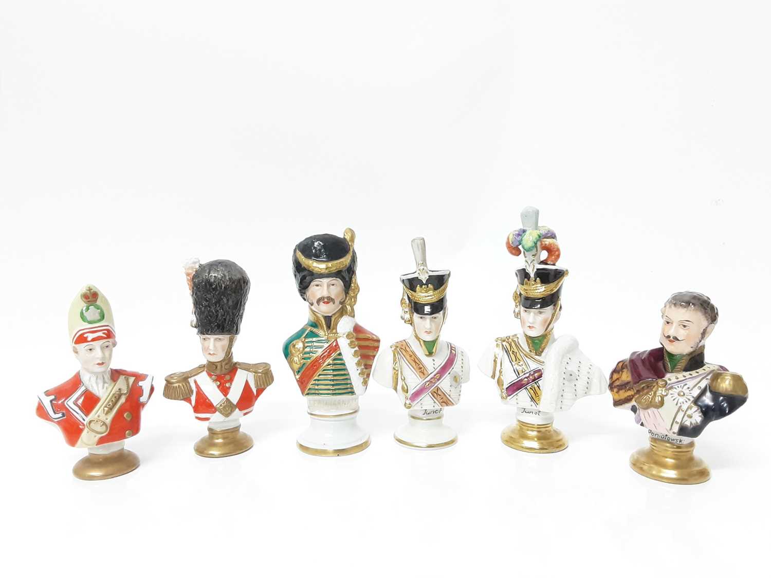 Lot 238 - Six good quality 1930's Dresden porcelain military busts, tallest is 13.5cm high