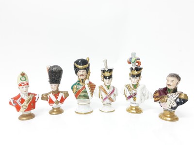 Lot 238 - Six good quality 1930's Dresden porcelain military busts, tallest is 13.5cm high