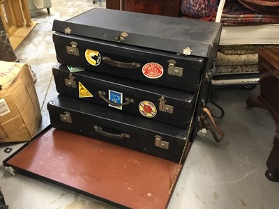 Lot 1233 - Fine 1930s Dunhills Ltd Motoring trunk with three original fitted suitcases and leather side straps 84.5 cm wide, 44cm deep, 60 cm high ( provenance : formerly fitted to Lord Baden Powell's Rolls-R...