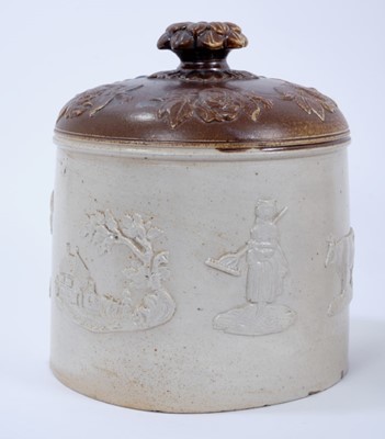 Lot 119 - Large unusual 19th century salt glazed pottery cheese dome, relief-decorated with figures, animals, and other motifs, 25cm high