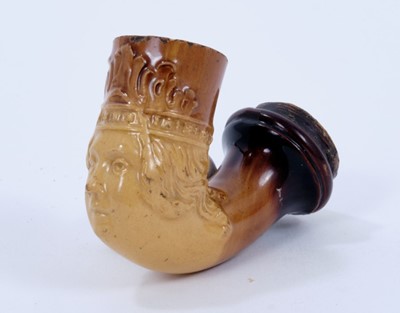 Lot 124 - Unusual 18th/19th century lead glazed pottery tobacco pipe bowl, moulded in the form of a woman in classical dress, 6.5cm long