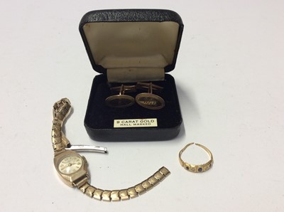 Lot 614 - Pair 9ct gold cufflinks, 9ct gold cased wristwatch and 18ct gold sapphire and diamond ring