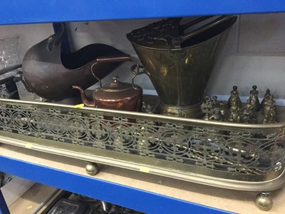 Lot 484 - Brass Fire Kerb with pierced decoration, together with a copper coal scuttle, brass coal scuttle, copper spirit kettle and collection of brass bell ornaments (qty)