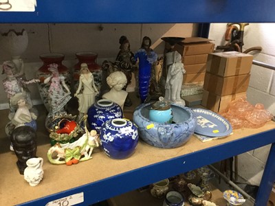 Lot 485 - Collection of assorted ceramics to include pair of continental porcelain figures, Chinese prunus jars, and other china and glass ware (qty)