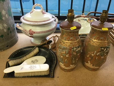 Lot 476 - Pair of Japanese Satsuma vases converted into lamps, together with 19th century Toleware crumb tray and brush and sundry items