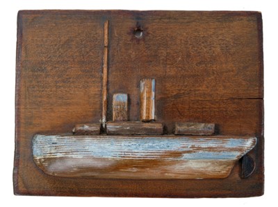 Lot 701 - Unusual late 19th century miniature ships half model, the vessel with twin funnels and polychrome detail, indistinctly inscribed in pencil verso and dated 1896, 12 x 16cm