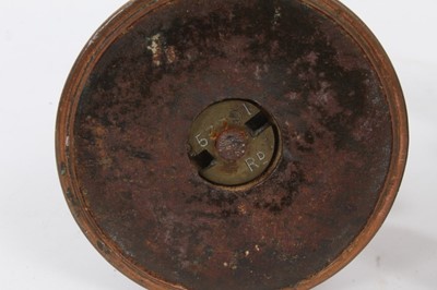 Lot 704 - Pair of late 19th century copper and brass candlesticks after a design by Christopher Dresser, with angular bobbin handles. patent registration numbers to each base 53791, 13.5cm high