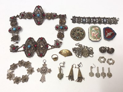 Lot 623 - Czechoslovakian belt and brooch, white metal filigree jewellery, cloisonné buckle etc