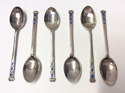 Lot 627 - Set of six Liberty & Co. silver coffee spoons with blue enamel decoration