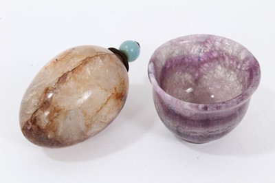 Lot 723 - Specimen quartz, possibly Blue John egg form scent bottle, together with a small  Blue John cup