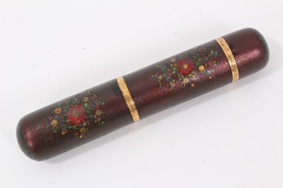 Lot 724 - 19th century French lacquered and gilt metal mounted cylindrical scent bottle