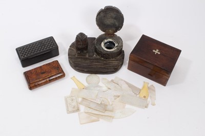 Lot 730 - Black Forest style carved inkstand together with two snuff boxes, another box and small collection of gaming counters.