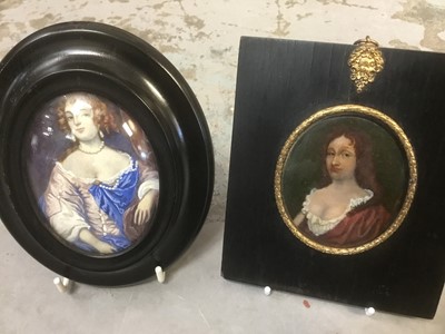 Lot 736 - After Peter Lely, portrait miniature, watercolour on paper, together with another portrait miniature oil on copper