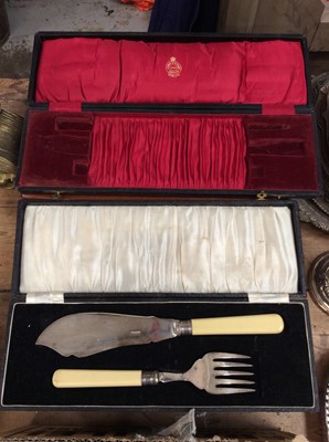 Lot 83 - Victorian carving set with stag horn handles in fitted case together with a quantity of assorted flatware loose and in cases (qty)