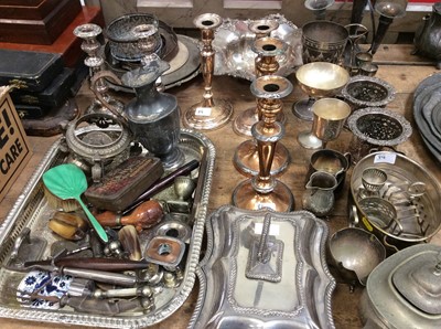 Lot 84 - Collection of silver plated ware to include entree dish, candlesticks, goblets and other items (qty)
