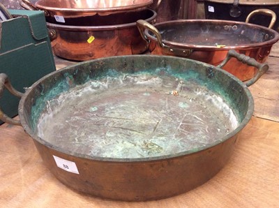 Lot 88 - Antique copper preserve pan, antique brass preserve pan and a brass cauldron (3)