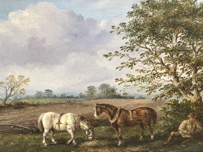 Lot 28 - English School, early 20th century, oil on board - plough horses at rest, in gilt frame