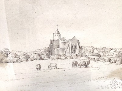 Lot 24 - 1830s pen and ink drawing - a rural church, indistinctly inscribed, dated July 13. 1836, in glazed gilt frame