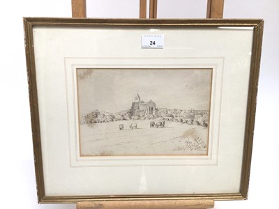 Lot 24 - 1830s pen and ink drawing - a rural church, indistinctly inscribed, dated July 13. 1836, in glazed gilt frame