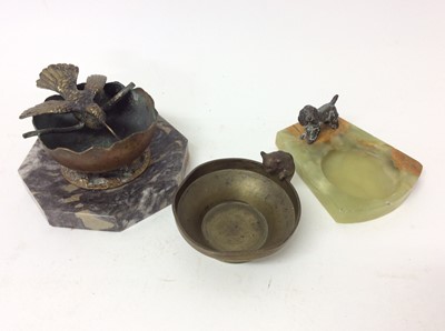 Lot 886 - Austrian cold painted bronze of a spaniel, mounted 5cm wide, presented on alabaster ash tray, together with an art Nouveau bronze dish with hummingbird ornament, on marble base and bronze cat on di...