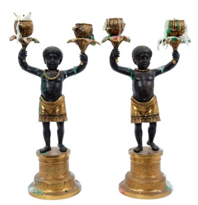 Lot 769 - Good pair of 19th century French empire style bronze and ormolu figural candlesticks