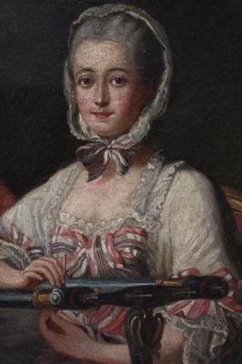 Lot 1207 - 19th century, English School oil on canvas - portrait of a lady at her work, in gilt frame