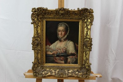 Lot 1207 - 19th century, English School oil on canvas - portrait of a lady at her work, in gilt frame