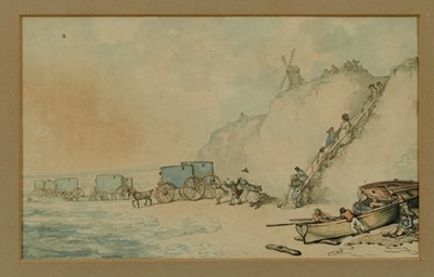 Lot 1209 - Attributed to Thomas Rowlandson (1756-1827) ink and watercolour – figures heading for bathing huts, apparently unsigned, in glazed frame (Faded) (I suggest this one, if you’re not going to keep it,...