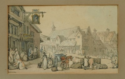 Lot 1208 - Attributed to Thomas Rowlandson (1756-1827) ink and watercolour - figures at Daventry, apparently unsigned, in glazed frame (Faded)